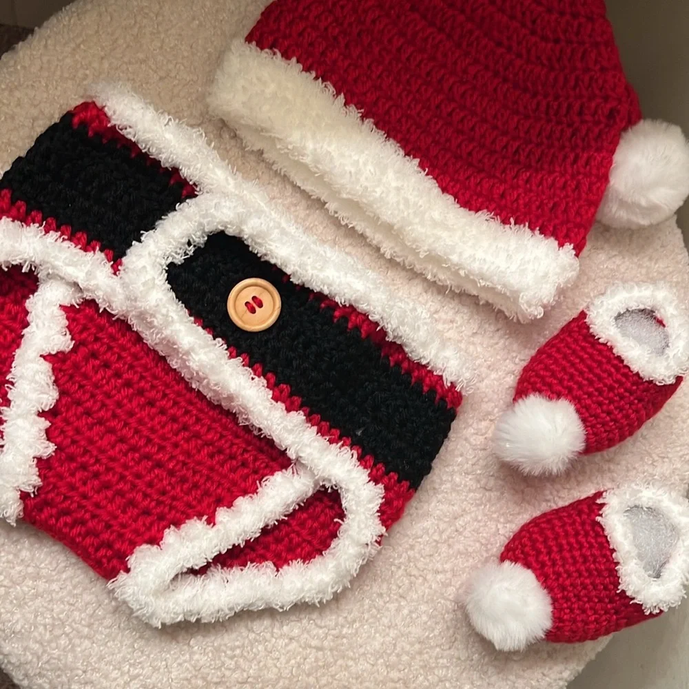 Festive Red and White Knit Santa Hat Set for Kids - Picture 2 of 3